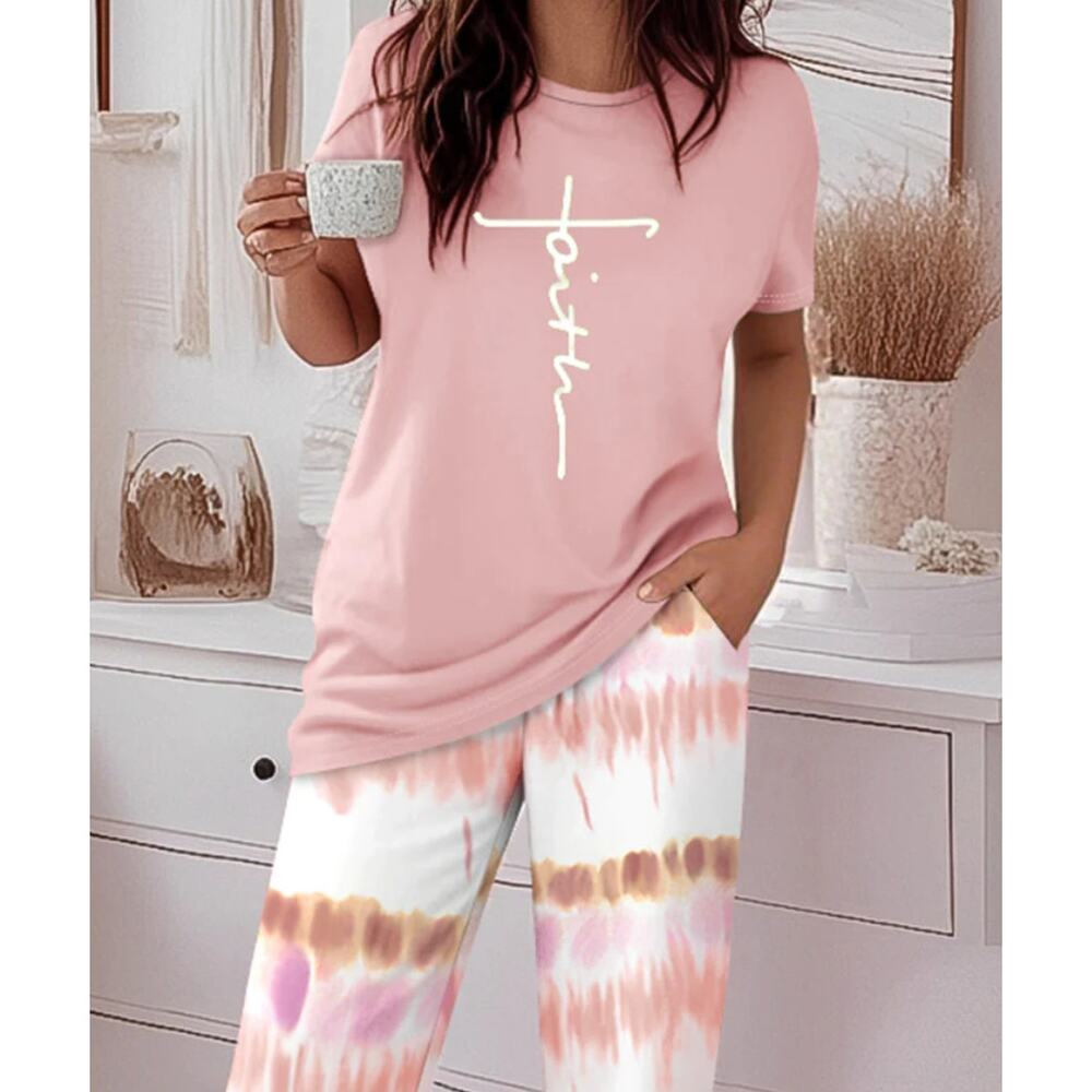 Faith Tie Dye Lounge Set Pink White Pajama Set CHICME XL Cozy Casual 2PC